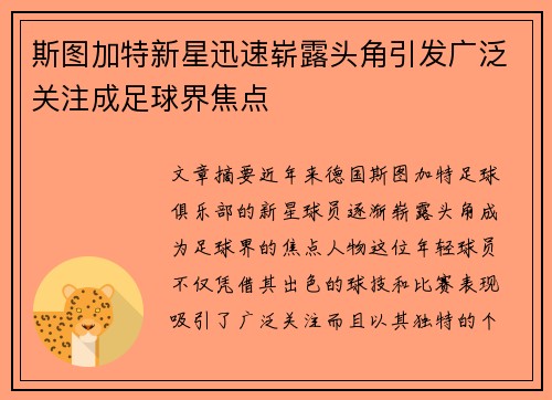 斯图加特新星迅速崭露头角引发广泛关注成足球界焦点