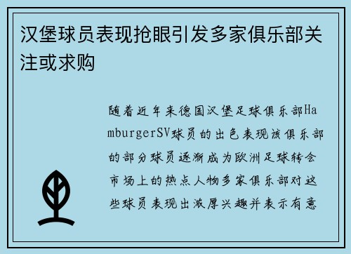 汉堡球员表现抢眼引发多家俱乐部关注或求购